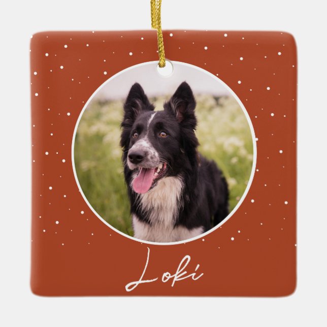 Ornamento De Cerâmica Orange Dog Photo and Name Christmas (Frente)