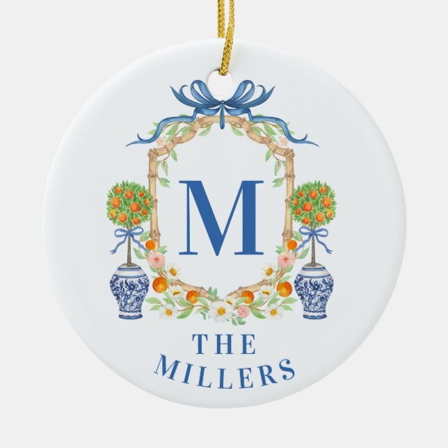 Ornamento De Cerâmica Orange Topiary Chinoiserie Endereço Monograma (Frente)