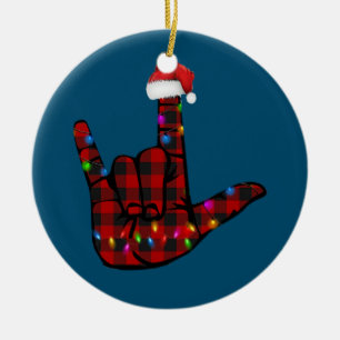 Ornamento De Cerâmica Orgulho ASL - Sinal de Feliz Natal - Xadrez Vermel