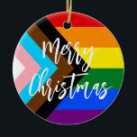 Ornamento De Cerâmica Orgulho de progresso LGBT Arco-Íris Personalizado<br><div class="desc">Um belo design Enfeites de natal com o orgulho do progresso das cores personalizadas do arco-íris de fotos LGBT. Mostre seu amor com este belo Enfeites de natal LGBT. Personalize com sua foto,  nomes e data.</div>