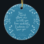 Ornamento De Cerâmica Orgulho e Preconceito Citação do Amor Floral<br><div class="desc">Perfeito para amantes de livros e fãs de Jane Austen. Este adorável ornamento de livro apresenta um design azul floral em torno da citação "Você deve permitir-me dizer-lhe quão ardentemente eu te admiro e amo" - a declaração de amor do Sr. Darcy para Elizabeth Bennet no Orgulho e Preconceito de...</div>