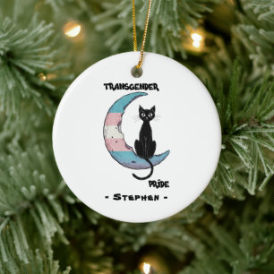 Ornamento De Cerâmica Orgulho Transgênero - Gato Negro na Lua de Sinaliz