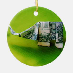 Ornamento De Cerâmica Origami de lei de dólar Elefante em fundo verde