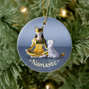 Ornamento De Cerâmica Origami Gold Foil Yoga Meditando Mulher-Gato