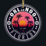 Ornamento De Cerâmica Orlando Florida Retro Sunset Tropical Souvenir 80<br><div class="desc">Orlando na Flórida. Esta design de retrô faz um presente de Natal ou aniversário excelente para fãs da praia de Orlando. O retroverão vibes design é um presente perfeito para amantes de viagem e fãs de destinos tropicais.</div>