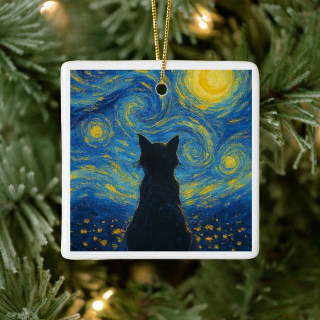 Ornamento De Cerâmica Ornament Cat Starry Night Van Gogh  (Árvore)