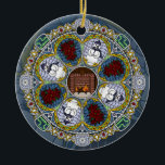 Ornamento De Cerâmica Ornament de Winter Nouveau<br><div class="desc">Arcos de Art Nouveau rodeiam as camadas de vidro manchadas desta mandala,  apresentando uma lareira,  poinsetos,  bonecos de neve e auroras em cores legal para incorporar totalmente os sentimentos de frio que vêm com o inverno.</div>