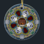 Ornamento De Cerâmica Ornament de Winter Nouveau<br><div class="desc">Arcos de Art Nouveau rodeiam as camadas de vidro manchadas desta mandala,  apresentando uma lareira,  poinsetos,  bonecos de neve e auroras em cores legal para incorporar totalmente os sentimentos de frio que vêm com o inverno.</div>