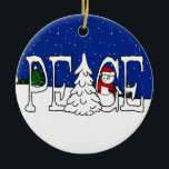 Ornamento De Cerâmica Ornament Peace Snowman<br><div class="desc">Ornamento Snowman da Paz. Trabalho de arte de Kathy Gladden-Adalian A cor de fundo atrás dos flocos de neve pode ser personalizada com uma grande variedade de cores.</div>