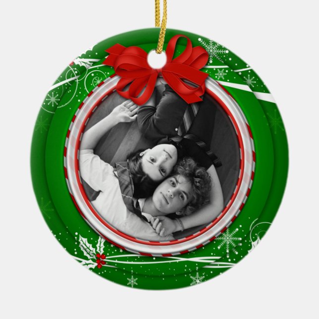 Ornamento De Cerâmica Ornament Red Green Holly Ribbon 1rua Natal (Frente)