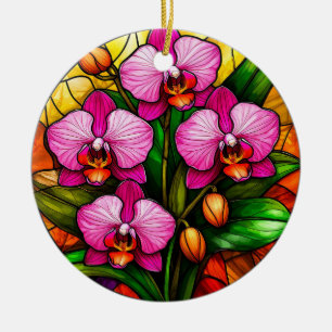 Ornamento De Cerâmica Orquídeas Rosa Vibrante e Folhas Verdes
