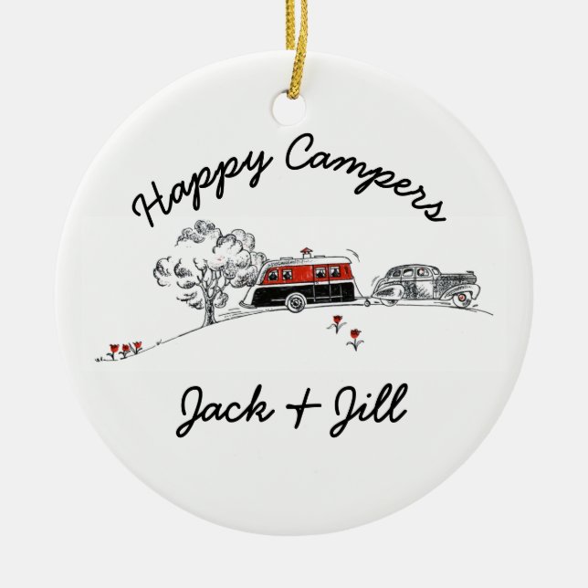 Ornamento De Cerâmica Os campistas felizes personalizaram o carro do (Frente)