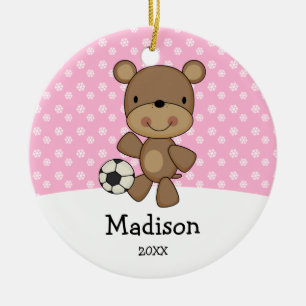 Ornamento De Cerâmica Os miúdos do rosa do urso da bola de futebol