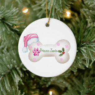 Ornamento De Cerâmica Osso de Natal de Cachorro Personalizável Tema Rosa