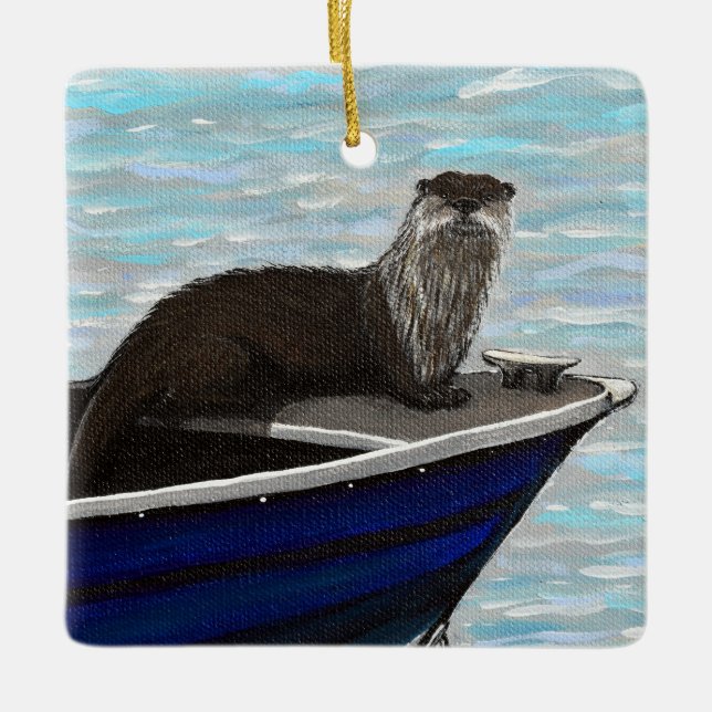 Ornamento De Cerâmica Otter em uma pintura de barco (Frente)