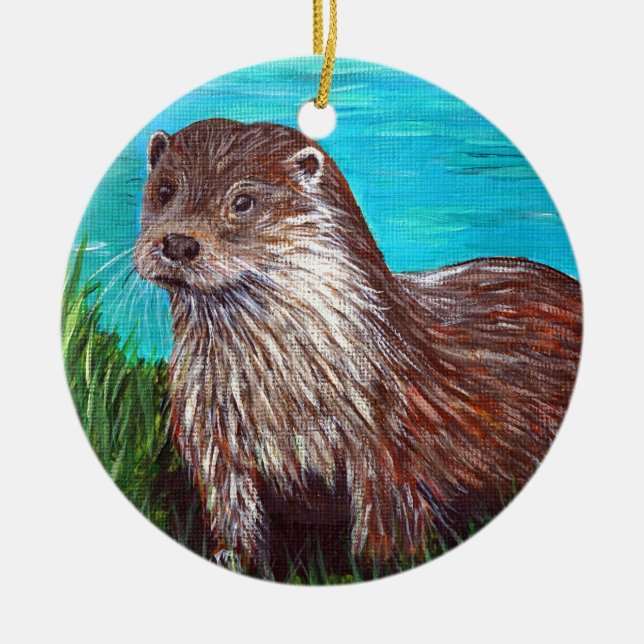 Ornamento De Cerâmica Otter por pintura de um rio (Frente)