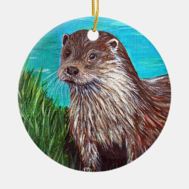 Ornamento De Cerâmica Otter por pintura de um rio (Frente)