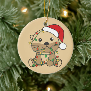 Ornamento De Cerâmica Otters de Feriados de Inverno de Natal