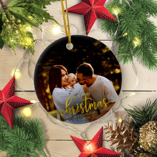 Ornamento De Cerâmica Our First Christmas As A Family Of 3 Gold Foil