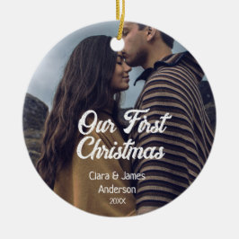 Ornamento De Cerâmica Our first Christmas couple photo name white gray