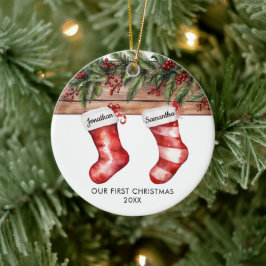 Ornamento De Cerâmica Our first Christmas cute stocking couple