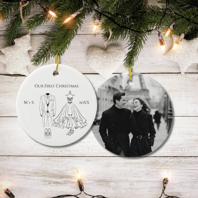 Ornamento De Cerâmica Our First Christmas Photo Wedding Dress Suit Cute (Criador carregado)
