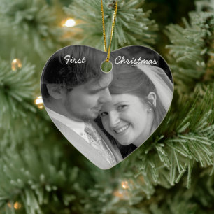 Ornamento De Cerâmica Our First Christmas Teal Damask Photo Ornament