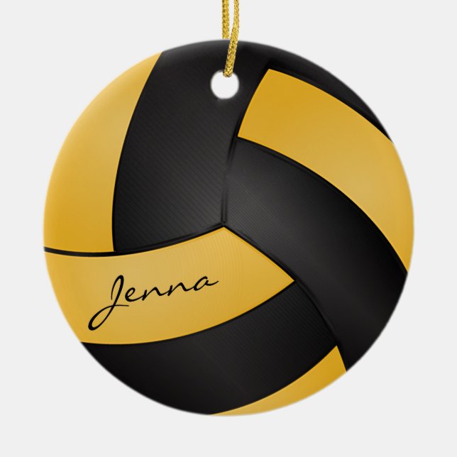 Ornamento De Cerâmica Ouro Amarelo e Preto Personaliza 🏐 de Voleibol (Frente)