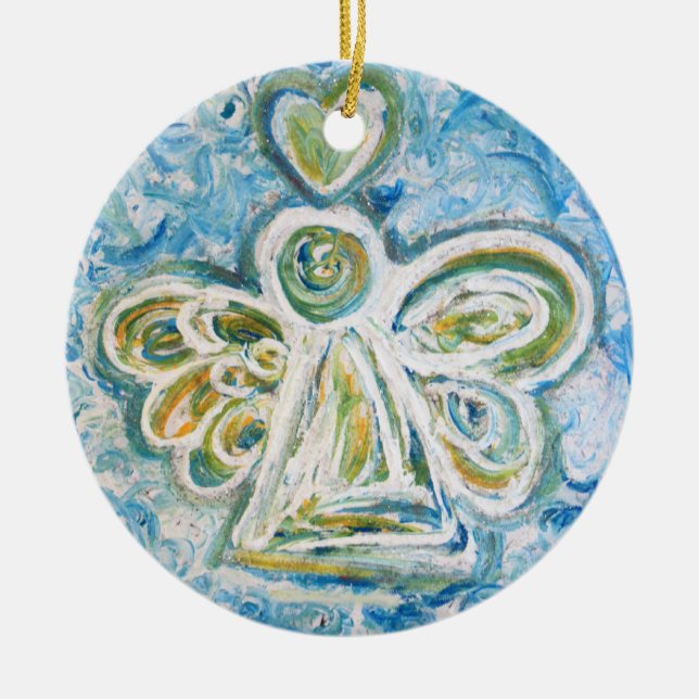 Ornamento De Cerâmica Ouro Azul Anjo Arte Feriados de Presente (Frente)