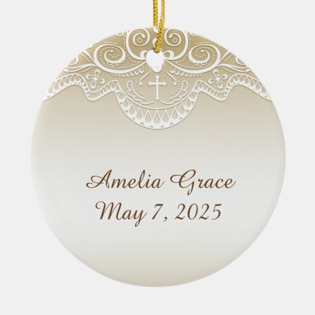 Ornamento De Cerâmica Ouro com laço, cruz, religiosa (Frente)