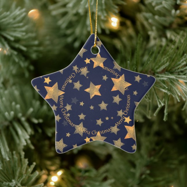 Ornamento De Cerâmica Ouro de Natal Stars Marinho Clássico Elegante Azul (Árvore)