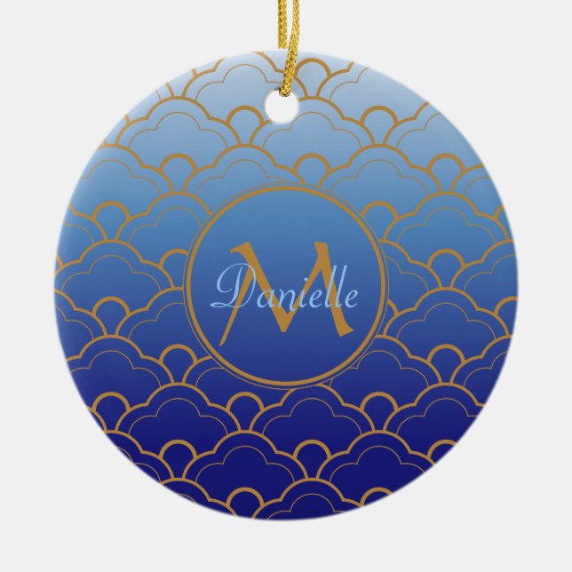 Ornamento De Cerâmica Ouro dos azuis marinhos de Gradated do Scallop de (Frente)