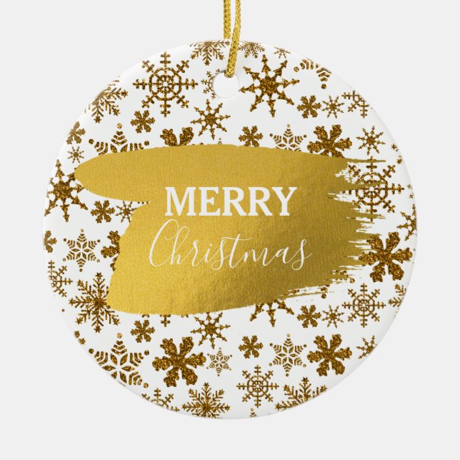 Ornamento De Cerâmica Ouro Espumando Flocos de Neve Feliz Natal (Frente)