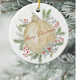 Ornamento De Cerâmica Ouro Evergreen de Watercolor Natal