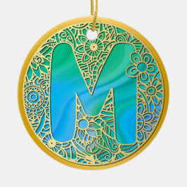 Ornamento De Cerâmica Ouro, letra M turquesa e Flores Coloridas