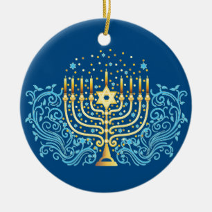 Ornamento De Cerâmica Ouro Menorah Hanukkah saudando o festival de luz