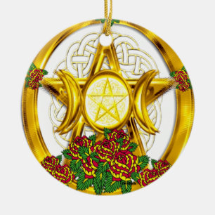 Ornamento De Cerâmica Ouro pagão do Pentacle de Wiccan com rosas