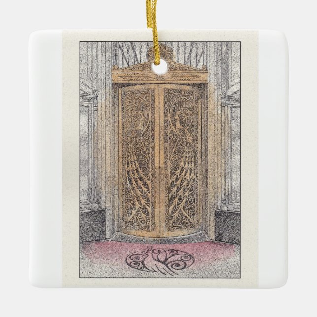 Ornamento De Cerâmica Ouro Palmer House Portas Peacock Cerâmica (Frente)