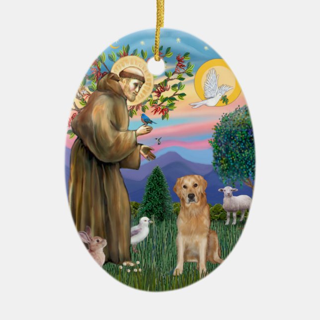 Ornamento De Cerâmica Ouro Retriever abençoado pelo Santo Francis (Frente)