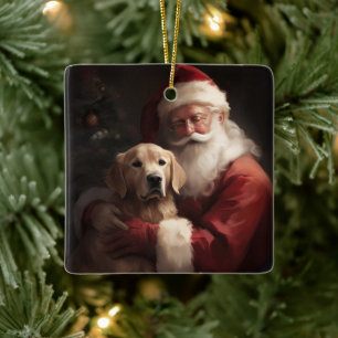 Ornamento De Cerâmica Ouro Retriever com Natal Clause