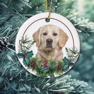Ornamento De Cerâmica Ouro Retriever Dog Evergreen Berry Wreath