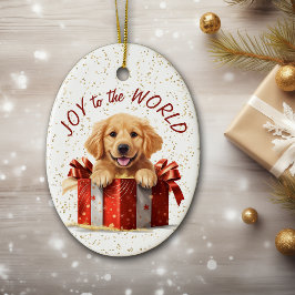 Ornamento De Cerâmica Ouro Retriever Puppy Joy no Natal Mundial