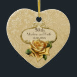 Ornamento De Cerâmica Ouro Rosa 50º aniversário de casamento<br><div class="desc">Elegante 50º Aniversário de Casamento,  mantém o nome. Lindo fundo de ouro floral damasco com ouro sotaque. Rosa de ouro adorável por baixo. Personalizar o nome e o texto da data.</div>