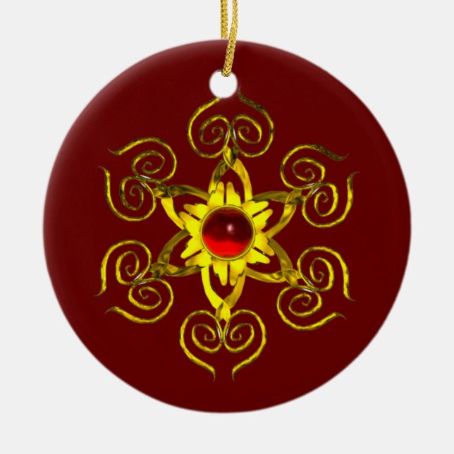 Ornamento De Cerâmica OURO ROSA RUBY, Vermelho e Verde (Frente)