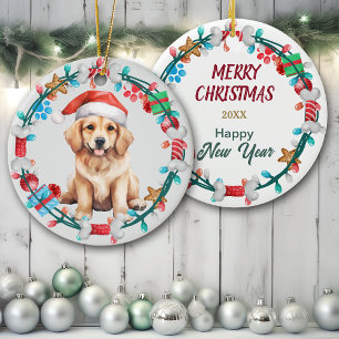 Ornamento De Cerâmica Ouro Santa Hat - Retriever Puppy Bone Wreath