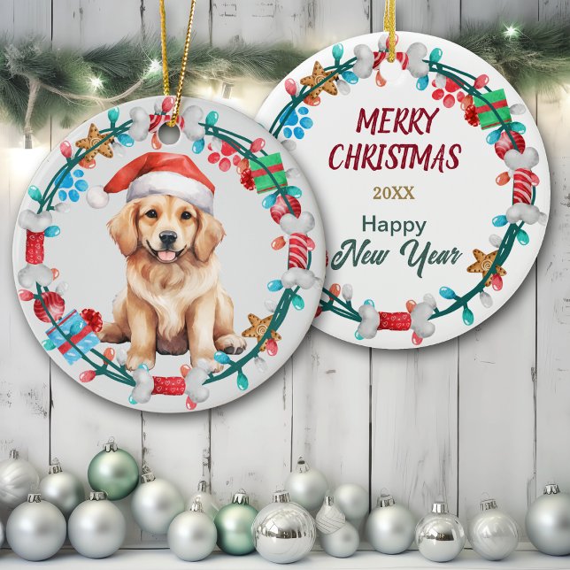 Ornamento De Cerâmica Ouro Santa Hat - Retriever Puppy Bone Wreath (Criador carregado)