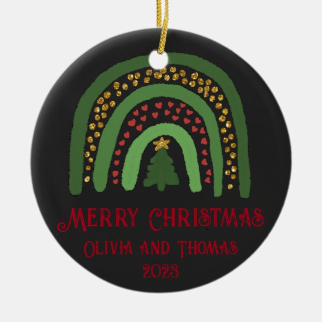 Ornamento De Cerâmica Ouro vermelho-vermelho-brilhante do arco-íris de N (Frente)