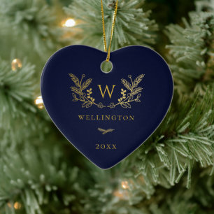 Ornamento De Cerâmica Ouro Winter Sprigs Monograma Blue