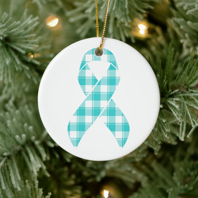Ornamento De Cerâmica Ovarian Cancer Awareness Plaid Teal Ribbon (Árvore)