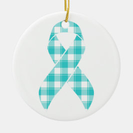 Ornamento De Cerâmica Ovarian Cancer Awareness Plaid Teal Ribbon